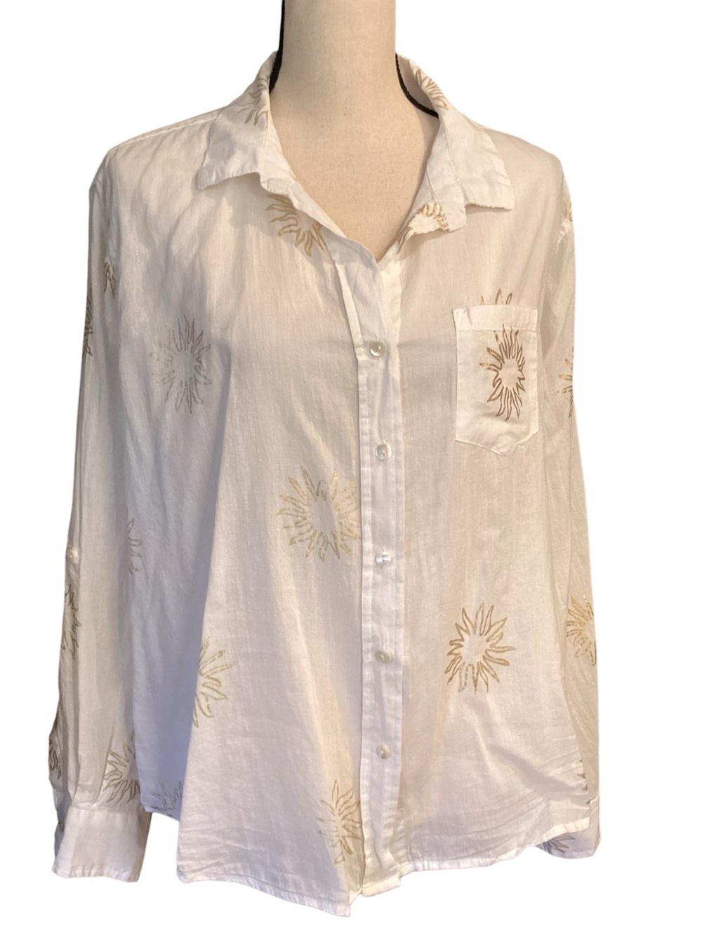 Calypso St. Barth White Gold Sun Print Cotton Button Down Shirt XL Semi-sheer